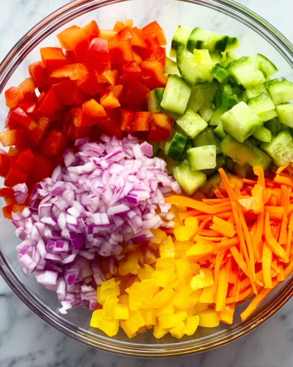 The image shows a clear bowl filled with five different chopped vegetables arranged in separate sections. Starting from the top left, there are diced red tomatoes, followed by sliced green cucumbers on the top right. Below the tomatoes, there are thin orange carrot sticks, and next to the carrots on the right side, there are small yellow bell pepper pieces. In the center, there is a mound of finely chopped purple onions. The bowl is placed on a white marbled surface, and the colors of the vegetables create a bright and fresh look. photo taken with an iphone --ar 4:5 --v 7