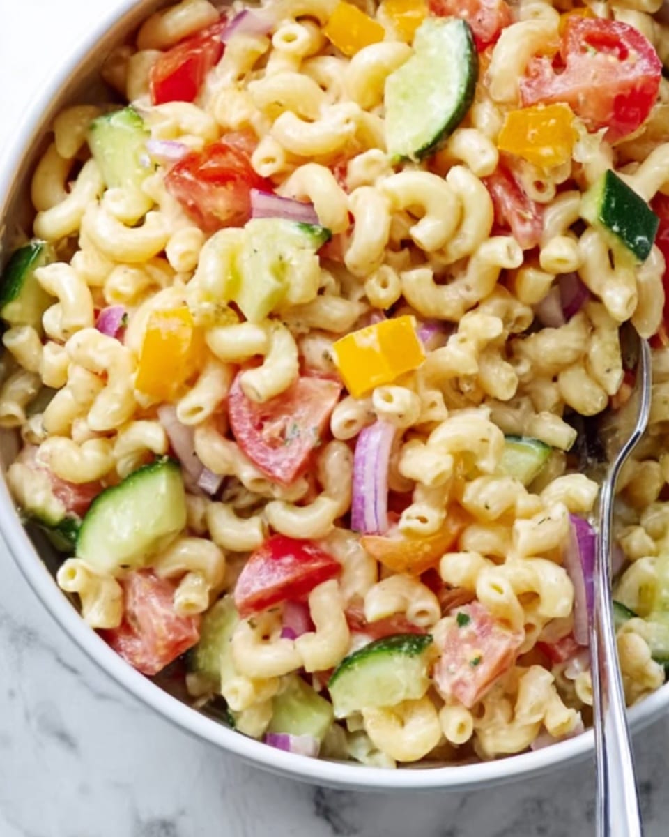 The image shows a close-up of a white bowl filled with elbow macaroni pasta mixed with diced vegetables including red tomatoes, yellow bell peppers, thin green cucumber slices, and small pieces of red onion. The pasta is creamy and pale yellow, and the vegetables add pops of red, yellow, green, and purple throughout. A silver fork is partially visible on the right side inside the bowl. The background surface has a white marbled texture. Photo taken with an iphone --ar 4:5 --v 7