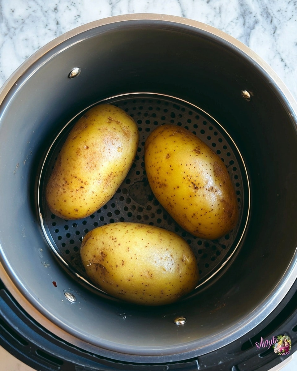 The image shows three whole yellowish-brown potatoes with a slightly shiny and wet skin lying in a dark gray air fryer basket. The basket has small holes and a smooth surface. The potatoes are arranged in a triangular shape inside the basket. The air fryer itself is round and silver-gray with a metallic finish on the inside rim. The background features a white marbled surface. photo taken with an iphone --ar 4:5 --v 7