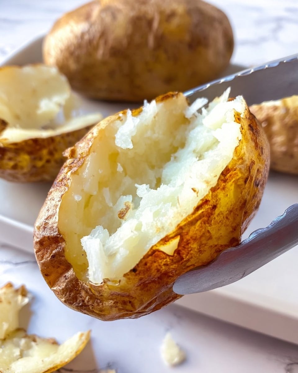 A close-up image of a baked potato held by gray tongs, showing one half with a golden-brown crispy skin and soft, white inner flesh that looks fluffy and smooth. In the background, there is a whole baked potato and some potato skins scattered on a white plate, all placed on a white marbled surface. The lighting highlights the texture of the potato's skin and the softness inside, creating a warm and fresh appearance photo taken with an iphone --ar 4:5 --v 7
