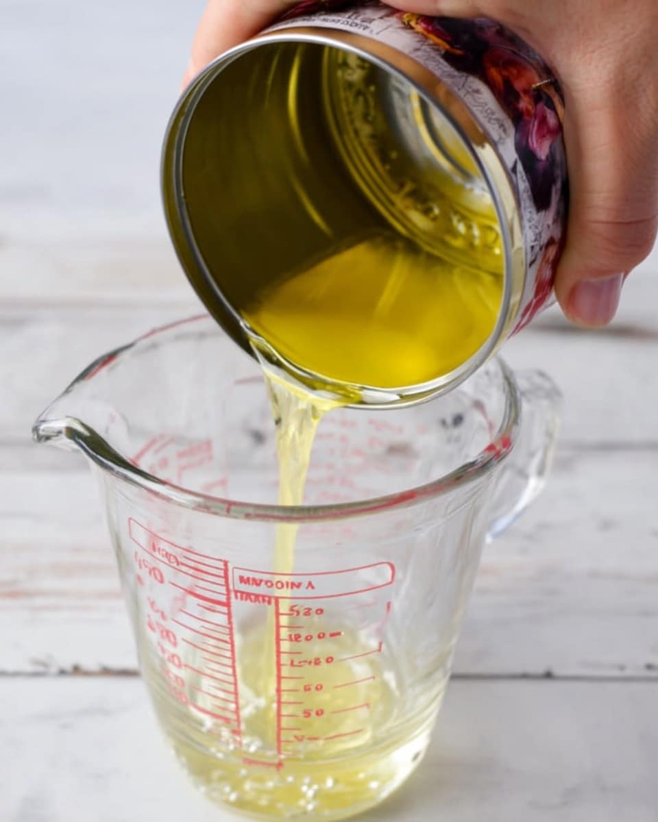 A woman's hand is holding an open tin can, pouring a clear yellow liquid into a clear glass measuring cup that has red measurement markings. The measuring cup sits on a white marbled surface. The liquid is flowing smoothly from the can into the cup below. photo taken with an iphone --ar 4:5 --v 7