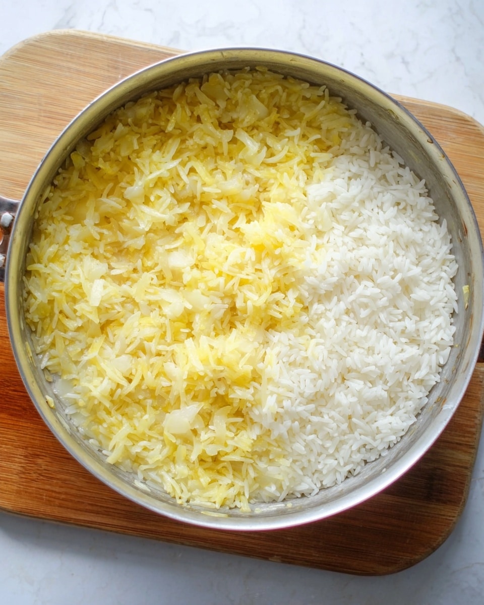 A round silver pan filled with two clear sections of cooked rice: a larger portion on the left side with pale yellow color mixed with finely chopped pieces, and a smaller portion on the right side with plain white rice grains. The texture of the yellow rice looks soft and slightly sticky with visible small pieces, while the white rice appears fluffy and loose. The pan rests on a light wooden board against a white marbled background. Photo taken with an iphone --ar 4:5 --v 7