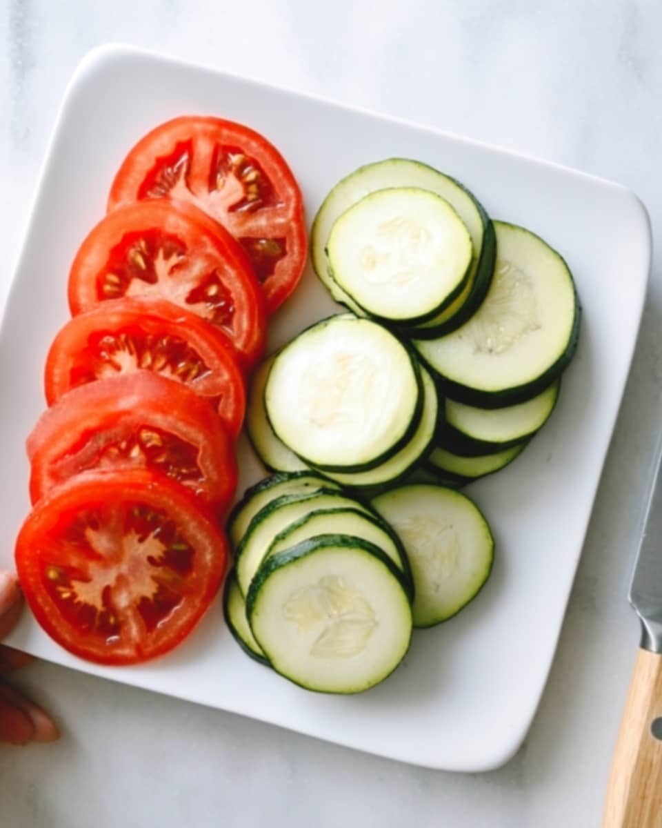 The image shows a white square plate on a white marbled surface with two groups of sliced vegetables. At the top half of the plate, there are five round, red tomato slices with visible seeds and watery texture. Below them, there are many thin, round slices of zucchini, light green on the outside with a pale green center, stacked in a slightly overlapping manner. The colors contrast well on the white plate, and a woman's hand is seen holding the plate from the left side. Photo taken with an iphone --ar 4:5 --v 7