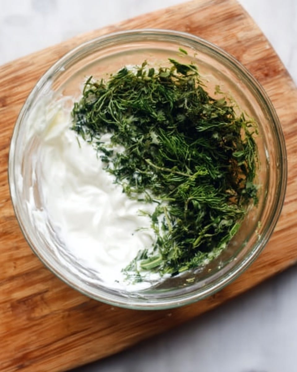 A clear glass bowl with two main layers inside: one side has white creamy yogurt with a smooth texture, covering about half the bowl, and the other side has green chopped fresh herbs with a leafy and slightly rough texture, filling the other half. The bowl is placed on a white marbled surface with a wooden cutting board partly visible underneath. photo taken with an iphone --ar 4:5 --v 7