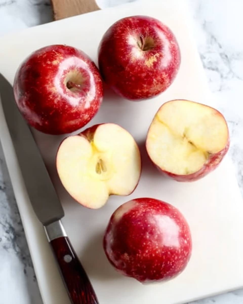 The image shows a group of four red apples with smooth, shiny skin on a white cutting board placed on a white marbled surface. Three apples are whole, while the fourth is sliced in half, showing pale yellow inside flesh. Next to the apples is a sharp knife with a dark handle lying flat on the board, positioned vertically on the left side. The lighting highlights the apples' vibrant red tones and the creamy color of the inside flesh. photo taken with an iphone --ar 4:5 --v 7