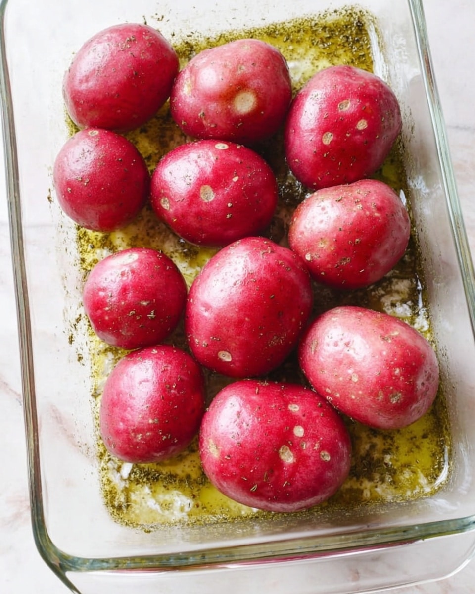A clear glass baking dish holds a single layer of whole red potatoes, each with a smooth, shiny red skin speckled with small eyes and light brown spots. The potatoes rest on a thin layer of golden oil mixed with green dried herbs and coarse white salt granules, creating a slightly textured, oily surface beneath them. The scene is set on a white marbled surface with soft, natural light highlighting the glossy texture of the potatoes and the subtle sheen of the oil. photo taken with an iphone --ar 4:5 --v 7