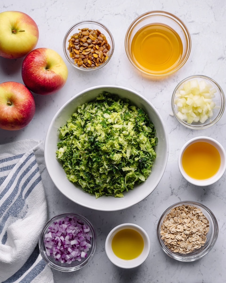 A white bowl filled with a large mound of finely chopped broccoli sits in the center on a white marbled background. Surrounding the bowl are small clear glass bowls and white cups holding different ingredients: golden raisins, diced purple onions, sunflower seeds, minced garlic, orange liquid, and light yellow oil. Three whole yellow-red apples are placed around the setup, along with a folded white and blue striped cloth on the left side. The textures show fresh, crisp vegetables and smooth liquids, all arranged neatly. Photo taken with an iphone --ar 4:5 --v 7