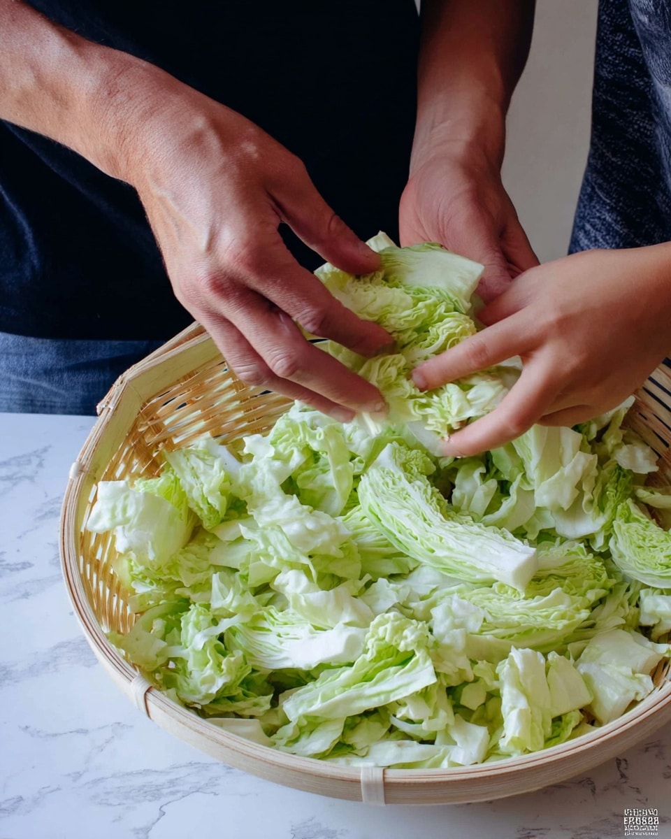 Two people are tearing fresh pale green cabbage leaves with their bare hands above a light-colored basket filled with many torn cabbage pieces. The cabbage leaves have a soft, leafy texture with some veiny details. The basket rests on a surface with a white marbled texture. Both people wear dark shirts, and their arms and hands are visible while handling the cabbage. Photo taken with an iphone --ar 4:5 --v 7