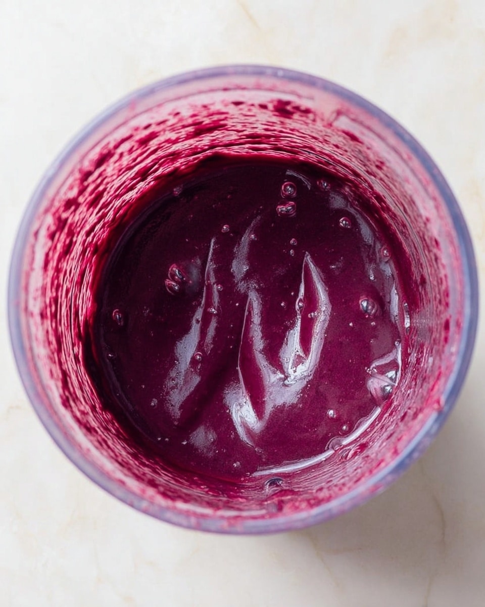 The image shows a top view inside a blender container filled with a thick, deep purple smoothie mixture. The smoothie has a smooth and slightly shiny texture, coating the sides of the clear blender container unevenly. The container is placed on a white marbled surface. The inside walls of the container have streaks of the purple smoothie, with the thicker part settled at the bottom center. Photo taken with an iphone --ar 4:5 --v 7