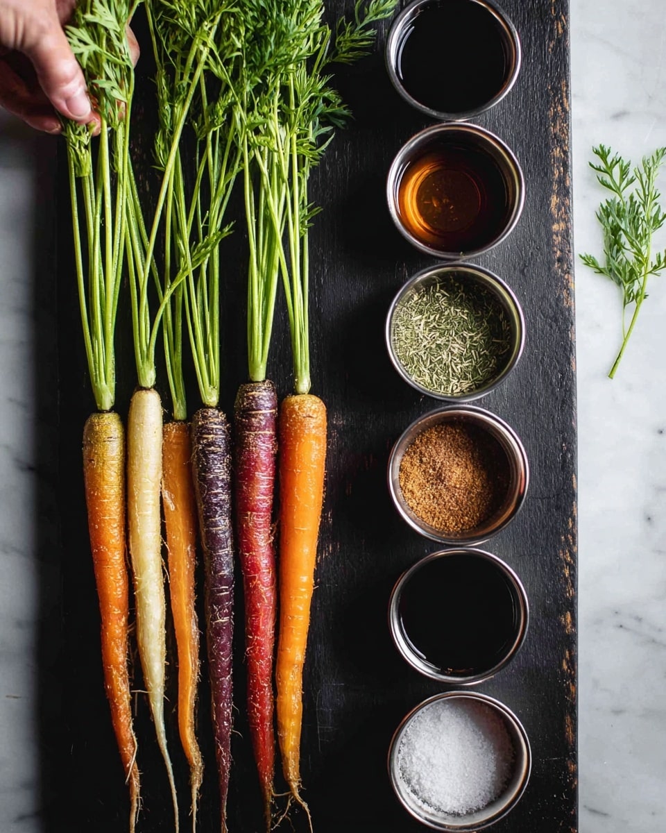 The image shows a white marbled surface with a long black board on it. On the left side, there are six fresh carrots with their green tops still attached, arranged in a row from purple to white and orange colors. On the right side of the board, there are five small metal bowls stacked vertically, each filled with different ingredients: dried herbs, coarse salt, dark brown liquid, black liquid, and brown sugar. A woman's hand is partly visible holding one of the carrot tops. photo taken with an iphone --ar 4:5 --v 7