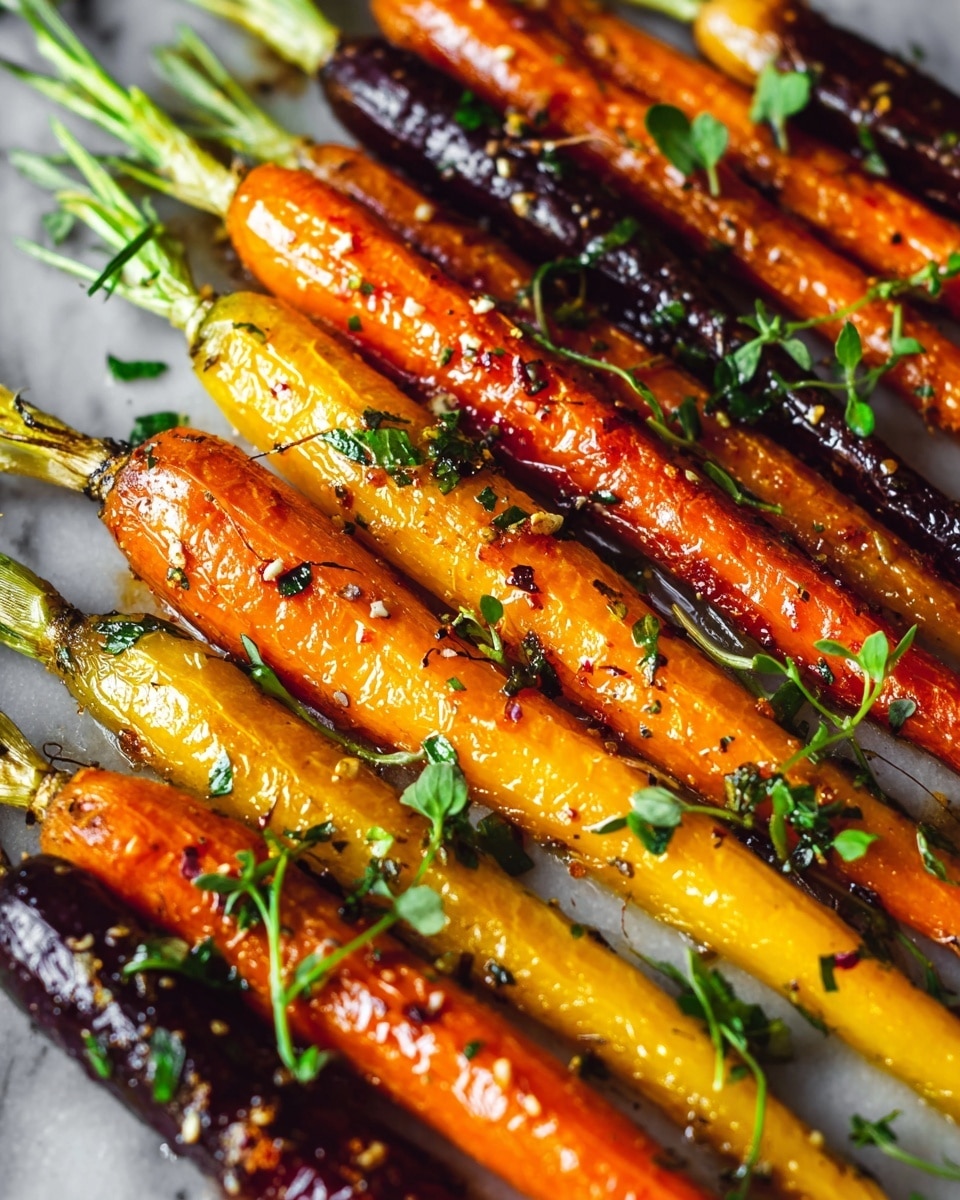The image shows several roasted carrots arranged in a single layer on a white marbled surface, with a mix of orange, yellow, and deep purple carrots. Each carrot has a shiny, slightly caramelized skin with small herbs and seasonings sprinkled on top, adding green and brown specks. Green carrot tops and small pieces of fresh green herbs are placed underneath and around some of the carrots, creating a fresh and vibrant look. The lighting highlights the glistening texture of the carrots and brings out their natural colors vividly. Photo taken with an iphone --ar 4:5 --v 7