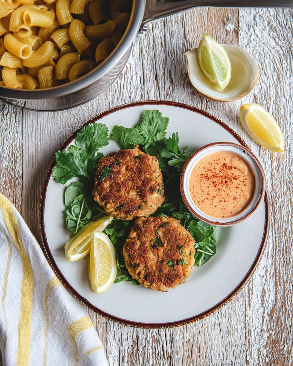 The image shows a white plate with a thin brown rim holding two golden-brown crab cakes with visible bits of green herbs and a crispy texture, placed on a bed of fresh green cilantro leaves. To the left of the crab cakes, there are three lemon and lime wedges arranged in a neat line. On the right side of the plate, a small white bowl with a brown rim contains a creamy orange sauce lightly dusted with a reddish spice on top. The plate rests on a rustic wooden surface with a white marbled texture overlay, next to a white linen with bold yellow stripes. In the upper left corner, a metal pot with a shiny handle holds bright yellow cooked pasta shells. Photo taken with an iphone --ar 4:5 --v 7