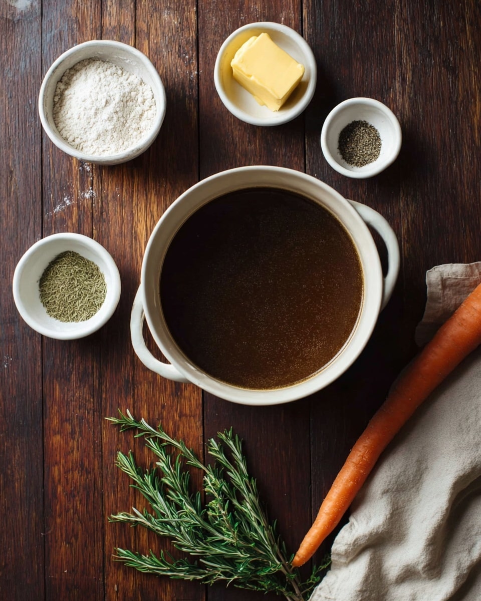 The image shows a white oval pot filled with dark brown liquid broth placed on a dark wooden surface with a white marbled texture. Around the pot, there are five small white round bowls: one with light flour, one with a block of yellow butter, one with green dried herbs, one with black ground pepper, and the last one empty. A fresh orange carrot and a green sprig of rosemary rest on a beige cloth near the pot. The scene has a simple, rustic feel with natural light. photo taken with an iphone --ar 4:5 --v 7