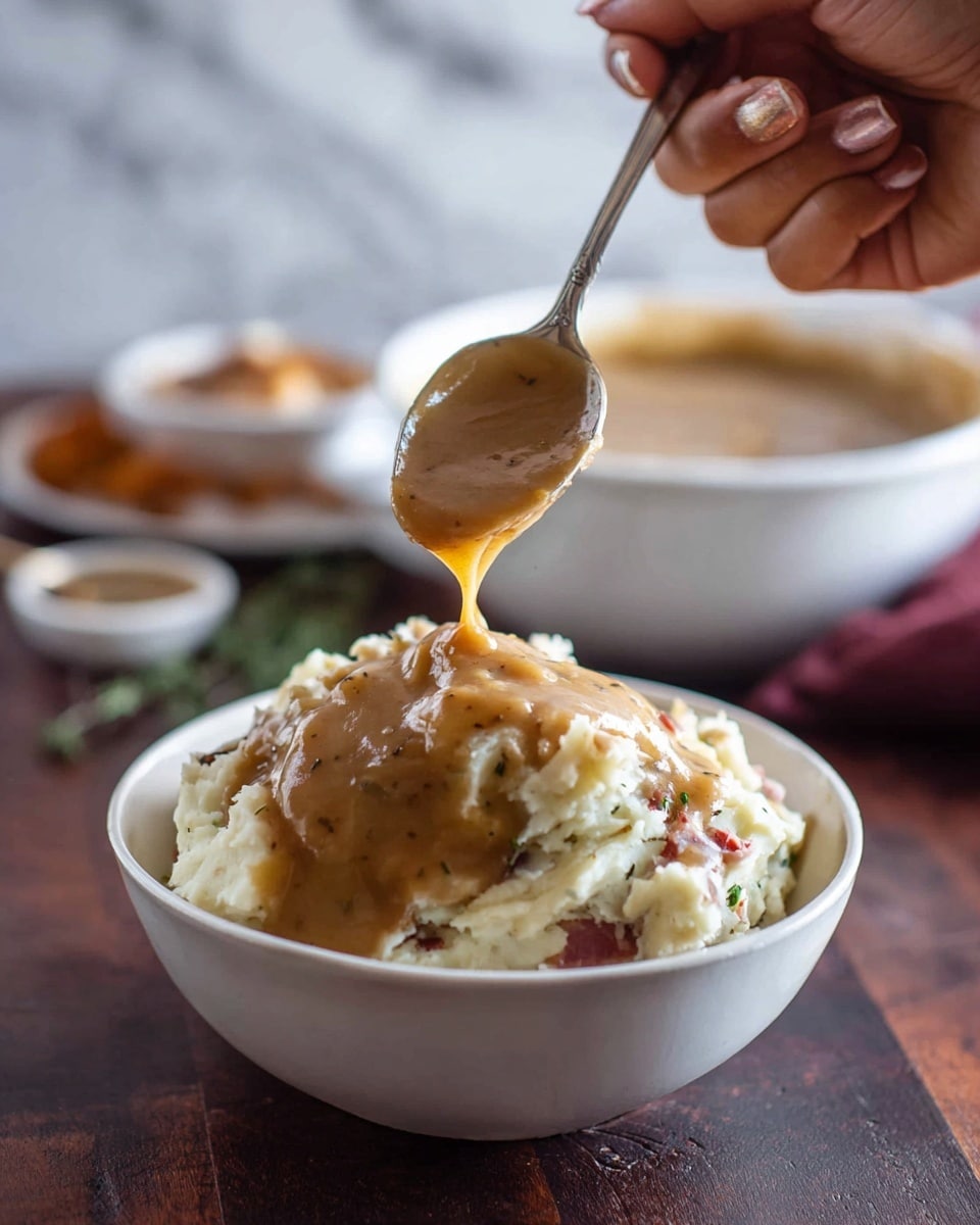 A white bowl holds a mound of mashed potatoes with bits of red skin showing through the creamy white texture, topped with golden brown gravy that looks smooth with small chunks. Above the bowl, a woman's hand holds a spoon dripping thick brown gravy onto the potatoes. In the background, a white bowl filled with more gravy and other blurred dishes sit on a dark wooden table, all set against a white marbled surface. photo taken with an iphone --ar 4:5 --v 7