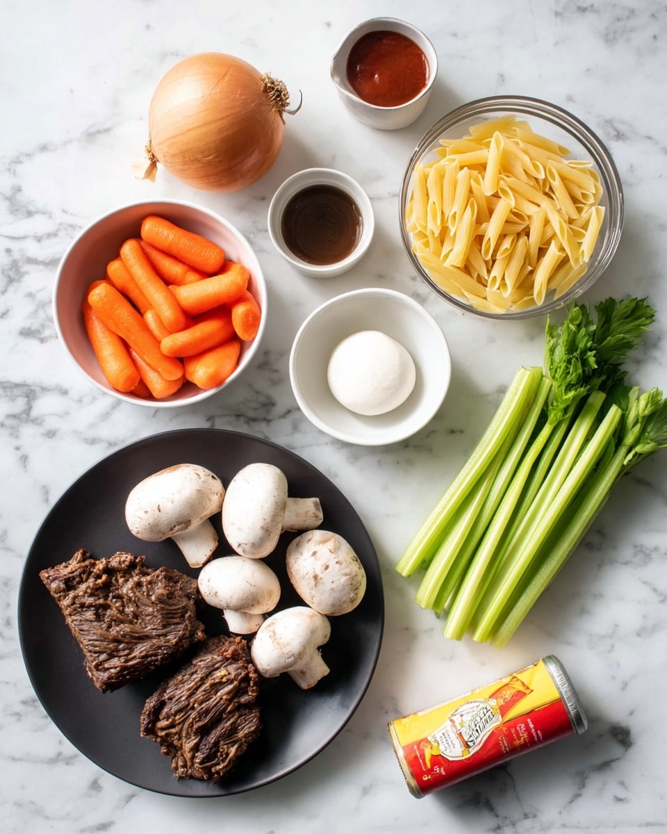 The image shows a flat lay of ingredients on a white marbled surface. At the bottom left, there is a black plate with two pieces of cooked dark brown meat with a rough texture. At the top left, there is a whole light brown onion next to a white bowl filled with small bright orange whole baby carrots. Just below the carrots are five white mushrooms with light brown spots. To the right of the mushrooms, there is a white bowl with a smooth white ball of mozzarella or cheese. Above the cheese, there are four long bright green stalks of celery with leaves at the top. At the top right, there is a clear glass bowl filled with pale yellow uncooked pasta. Below the pasta, there is a small white bowl with a dark liquid inside, and next to it is a red and yellow tube of tomato paste. A woman's hand is gently holding one of the celery stalks. Photo taken with an iphone --ar 4:5 --v 7