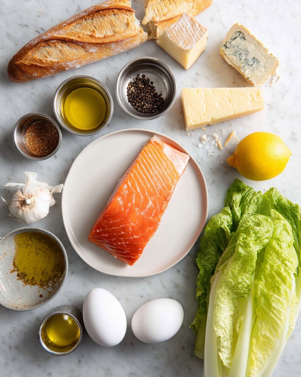 The image shows a clear presentation of fresh ingredients arranged on a white marbled surface. In the center left, a white plate holds a thick piece of bright orange salmon with visible textures and lines. Around the plate, there are various small metal and white containers with different ingredients: golden olive oil, a brownish spice mix, black peppercorns, and a white liquid. On the upper left, a cut baguette loaf sits diagonally with a piece missing. To the right of the baguette, there is a chunk of hard cheese, a whole garlic bulb, and a bright yellow lemon. At the bottom right corner, two white eggs rest near a fresh, green romaine lettuce with crisp textures. The overall setup is clean with a soft natural light emphasizing the fresh colors and textures of the ingredients. photo taken with an iphone --ar 4:5 --v 7