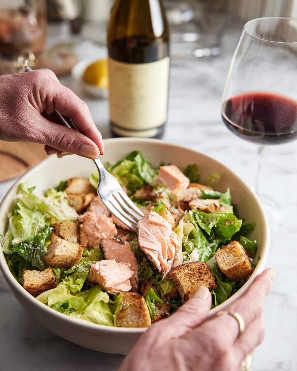 A white bowl filled with a fresh salad sits on a white marbled surface. The salad has three main layers: the bottom layer is green leafy lettuce, the middle layer is pieces of cooked salmon with a light pink color and some browned edges, and the top layer is crispy golden-brown croutons scattered all over. A pair of hands is visible, one holding a fork that picks up a piece of salmon, while the woman's hand steadies the fish. In the background, there is a glass of red wine and a bottle of wine, creating a cozy dining scene. photo taken with an iphone --ar 4:5 --v 7