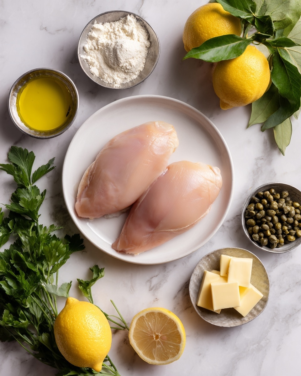 On a white plate, two raw chicken pieces are placed side by side, showing a smooth, pale pink texture. Around the plate on a white marbled surface, there are small metal bowls containing golden-yellow olive oil, light yellow butter squares, and white flour. Fresh green parsley leaves lie beside two whole yellow lemons. A small pile of capers with a greenish color is also placed in one of the bowls. A woman's hand holding a lemon with leaves nearby is partly visible at the edge of the image. photo taken with an iphone --ar 4:5 --v 7