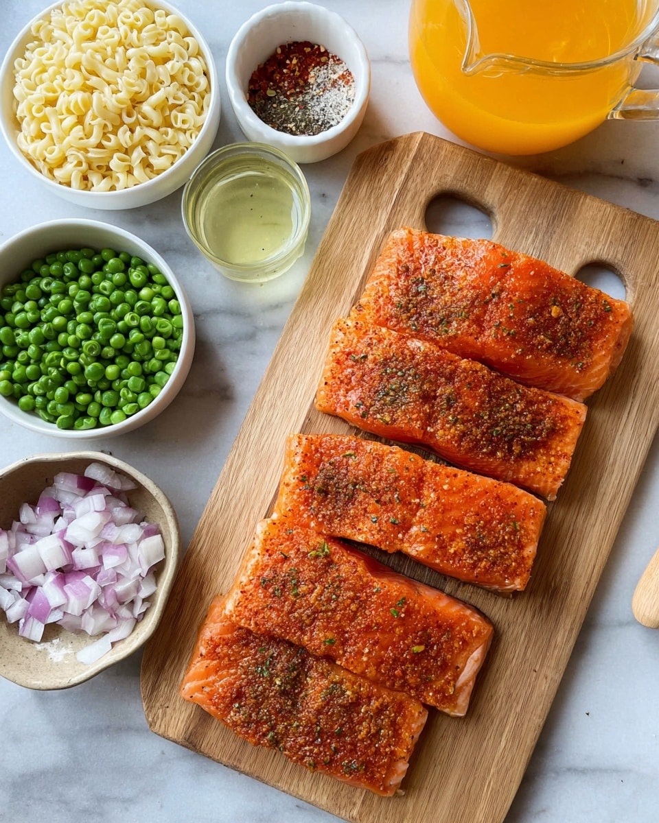 The image shows four pieces of raw salmon fillets lying on a small wooden cutting board with a handle hole at the top. The salmon is covered with reddish-orange spices and herbs, creating a textured and colorful surface. Around the cutting board, there are small white bowls containing chopped onions, green peas, and uncooked orzo pasta. A beige bowl holds minced garlic, red pepper flakes, and coarse salt. A small glass cup contains a light yellow liquid, possibly lemon juice, and there is a clear glass pitcher filled with bright orange broth or liquid near the right side. All items are arranged on a white marbled surface. photo taken with an iphone --ar 4:5 --v 7