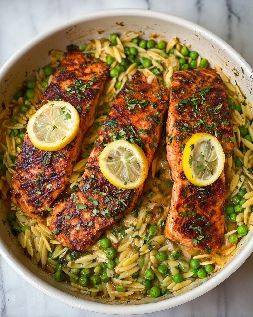 A round white bowl filled with three large pieces of cooked salmon, each topped with a thin slice of lemon and sprinkled with green herbs. The salmon has a reddish-brown grilled texture. Surrounding the salmon are small vibrant green peas mixed with yellowish orzo pasta in a light sauce. The dish sits on a white marbled surface. photo taken with an iphone --ar 4:5 --v 7