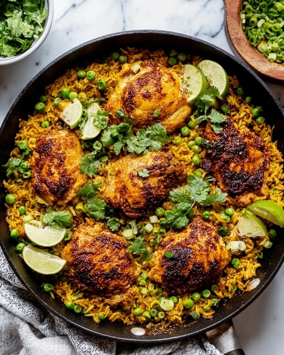 The image shows a black pan filled with five golden brown cooked chicken pieces placed on top of yellow rice mixed with green peas and small bits of green herbs. The chicken pieces have a slightly crispy texture with darker spiced spots. Bright green cilantro leaves and sliced green onions are sprinkled over the chicken and rice, adding fresh green accents. On the bottom left side inside the pan, there are two lime wedges. The pan rests on a white marbled surface, with part of a bowl of green herbs and a wooden board partially visible in the top right corner. Photo taken with an iphone --ar 4:5 --v 7