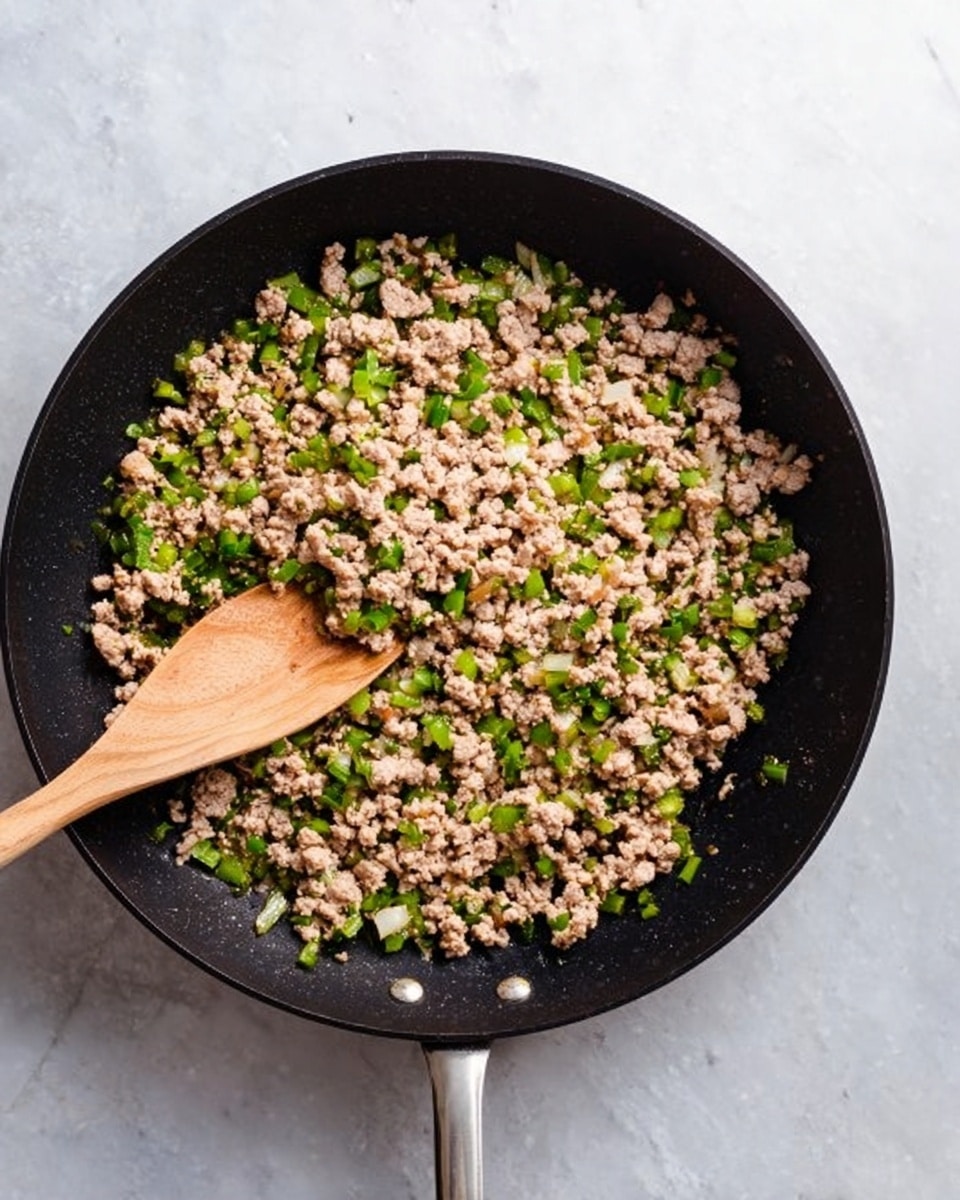 The image shows a black frying pan filled with cooked ground meat mixed with finely chopped green vegetables and onions, creating a texture of small crumbly light brown meat pieces combined with small bits of bright green and white. A wooden spoon lies inside the pan stirring the mixture, its smooth surface visible. The pan sits on a white marbled surface, creating a clean and simple background with soft lighting. photo taken with an iphone --ar 4:5 --v 7