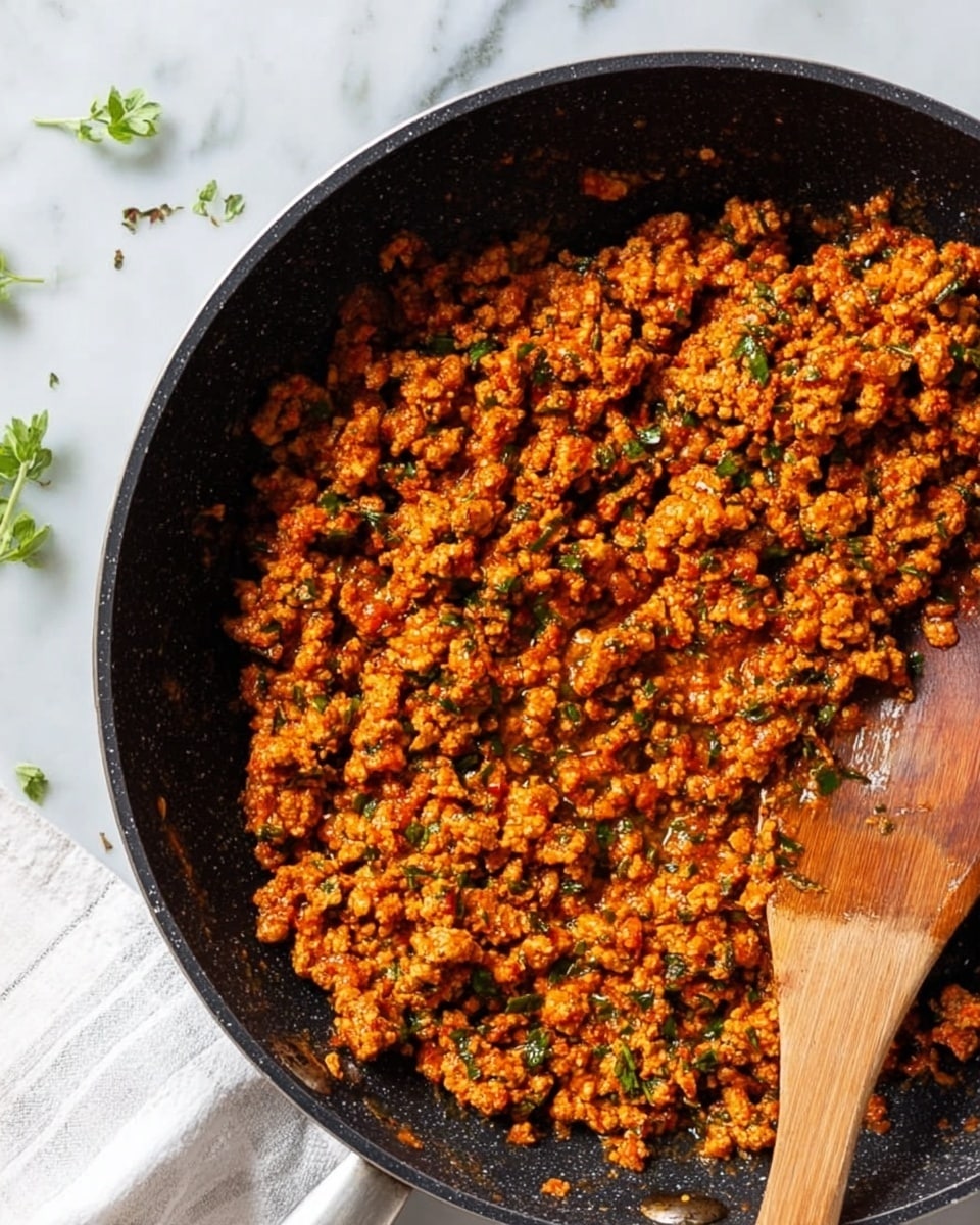 A close-up view of a black pan filled with cooked ground meat mixed with orange-red sauce and small green herb pieces, giving the dish a textured and slightly wet look. A wooden spoon rests inside the pan on the right side, partly covered by the meat mixture. The pan sits on a white marbled surface with some scattered herbs around it, adding a fresh touch to the scene. Photo taken with an iphone --ar 4:5 --v 7