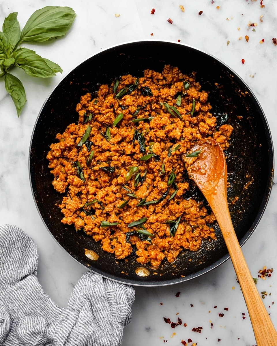 A black pan filled with a cooked mix of small, orange-brown pieces of minced textured plant protein coated in a shiny sauce, scattered with thin strips of green herbs on top. The sauce looks thick and slightly oily, pooling lightly around the edges and between the pieces. A wooden spoon with sauce on it rests on the right side inside the pan. The pan handle is wrapped with a gray and white striped cloth. The pan sits on a surface with a white marbled texture, with a few green herb pieces and small red flakes around it. In the top left corner, some fresh green basil leaves lay on the white marbled surface. Photo taken with an iphone --ar 4:5 --v 7