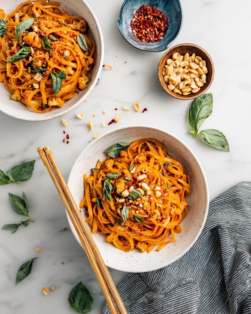 Two white deep bowls filled with three layers of bright orange noodles mixed with small pieces of light brown cooked cauliflower, green basil leaves, and crushed peanuts. The noodles look soft and slightly shiny, with some chili flakes sprinkled on top. One bowl has a pair of light wooden chopsticks resting on its edge. Around the bowls, there are scattered green basil leaves and red chili flakes on a white marbled surface. Nearby, there is a small wooden bowl filled with red chili flakes and a blue bowl holding salted peanuts on a gray striped cloth. Photo taken with an iphone --ar 4:5 --v 7