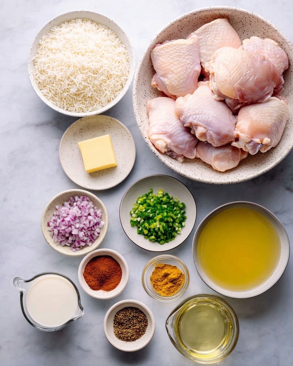 The image shows raw chicken thighs with smooth, pale pink skin arranged in a white speckled bowl in the top right. Below and to the left is a large white speckled bowl filled with dry uncooked white rice. Surrounding these are small white bowls holding various ingredients: finely chopped red onion, chopped green peppers, minced garlic, minced ginger, and a square of pale yellow butter on a small plate. Two small white plates contain bright, colorful piles of spices like brown, yellow, and red powders. Two transparent measuring cups hold clear liquid, one filled with milk and the other with yellow broth. The entire setup is on a white marbled surface. photo taken with an iphone --ar 4:5 --v 7