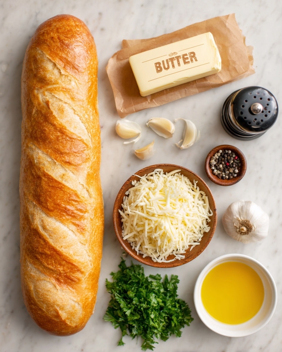 The image shows a long loaf of golden brown bread with diagonal slashes on top, lying on a white marbled surface. Next to it, there is a rectangular block of butter with the word