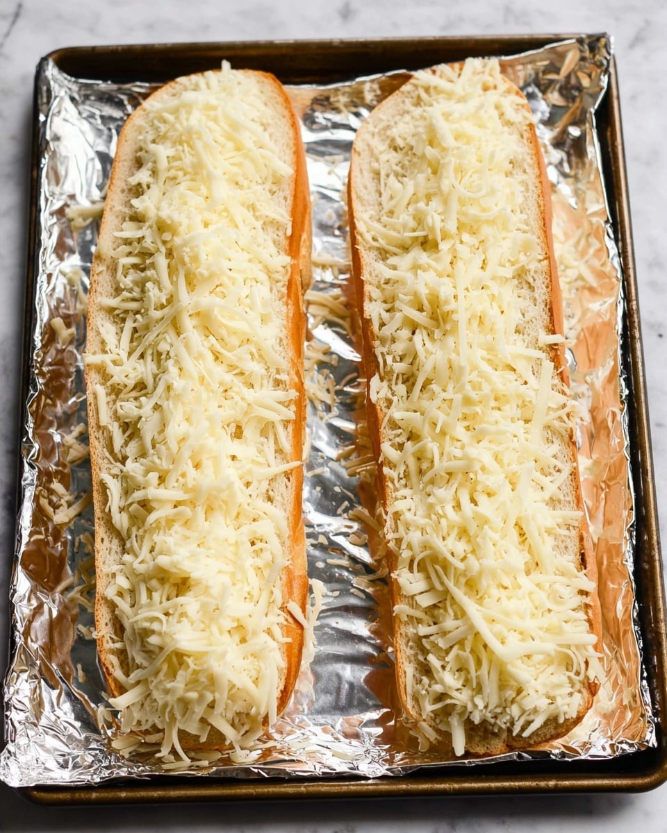 The image shows two long pieces of bread placed side by side on a foil-lined baking tray. Each bread piece is cut in half lengthwise and topped with a thick layer of shredded white cheese, covering the bread fully. The foil reflects light softly, and the tray sits on a white marbled surface. The cheese looks fresh and finely grated, evenly spread across the golden-brown bread bases. photo taken with an iphone --ar 4:5 --v 7