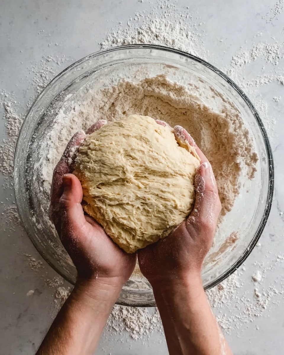 Two woman's hands are holding a round ball of soft, pale yellow dough with a slightly rough texture inside a clear glass bowl. The bowl contains more dough around the edges, dusted with white flour. The bowl is placed on a white marbled surface that adds a bright, clean look to the scene. The dough looks freshly mixed and ready for shaping. photo taken with an iphone --ar 4:5 --v 7
