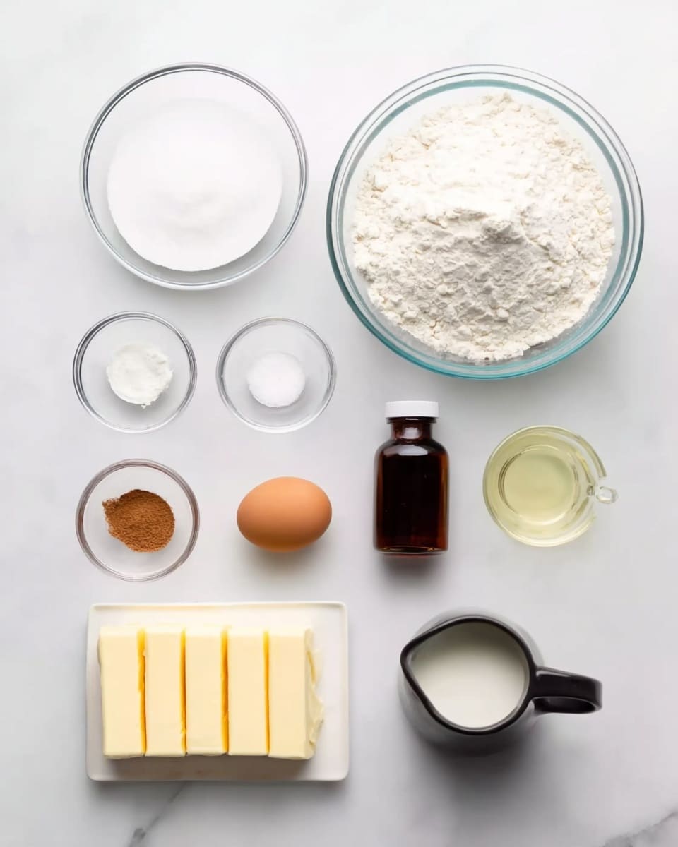 The image shows a flat lay of ingredients arranged neatly on a white marbled surface. On the top right, there is a large clear glass bowl filled with white flour. To its left, a smaller clear glass bowl holds fine white sugar. Below them are four small clear bowls: one with white salt, one with a white powder (likely baking powder), one with light brown powder (likely cinnamon), and one with an egg placed alone. On the bottom left is a stick of butter divided into smaller segments on a white surface. To the right of the butter, a small dark brown bottle stands. Next to the egg, a small glass container with a pale yellow liquid (possibly oil) sits. Finally, on the far right, a clear glass measuring jug filled with white milk and a small black ceramic pitcher containing dark syrup or liquid are placed. photo taken with an iphone --ar 4:5 --v 7