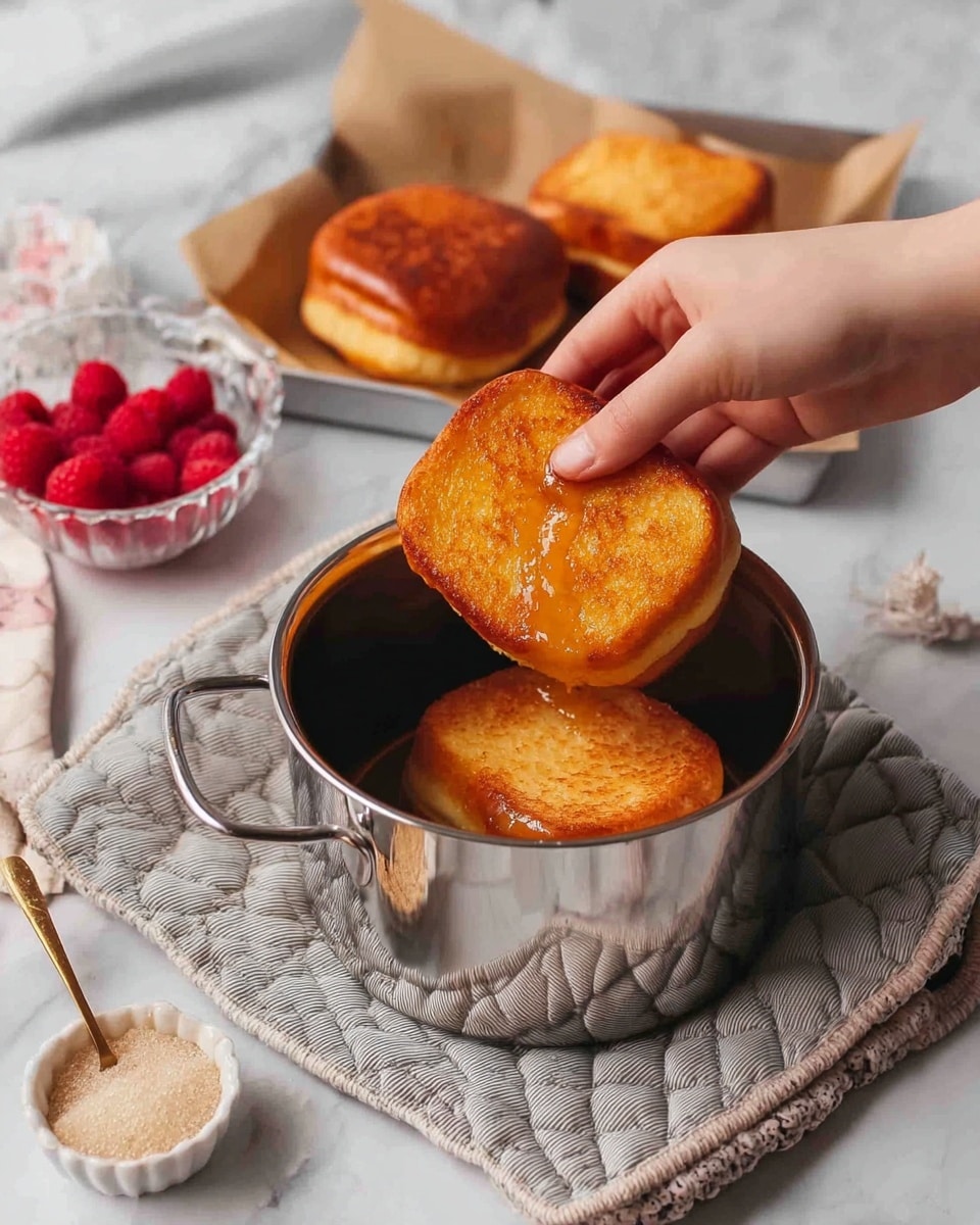 A woman's hand is holding a golden brown toasted sandwich, placing it inside a shiny silver pot on a quilted gray and white cloth. Next to the pot on a white marbled surface, there is another toasted sandwich with a golden brown crust. Behind the pot, on a silver tray lined with brown parchment paper, there are two more golden brown sandwiches with a glossy honey-like glaze on top. In the background, a small clear glass bowl filled with bright red raspberries and a small white fluted dish with light brown granulated sugar and a golden spoon are visible. Photo taken with an iphone --ar 4:5 --v 7