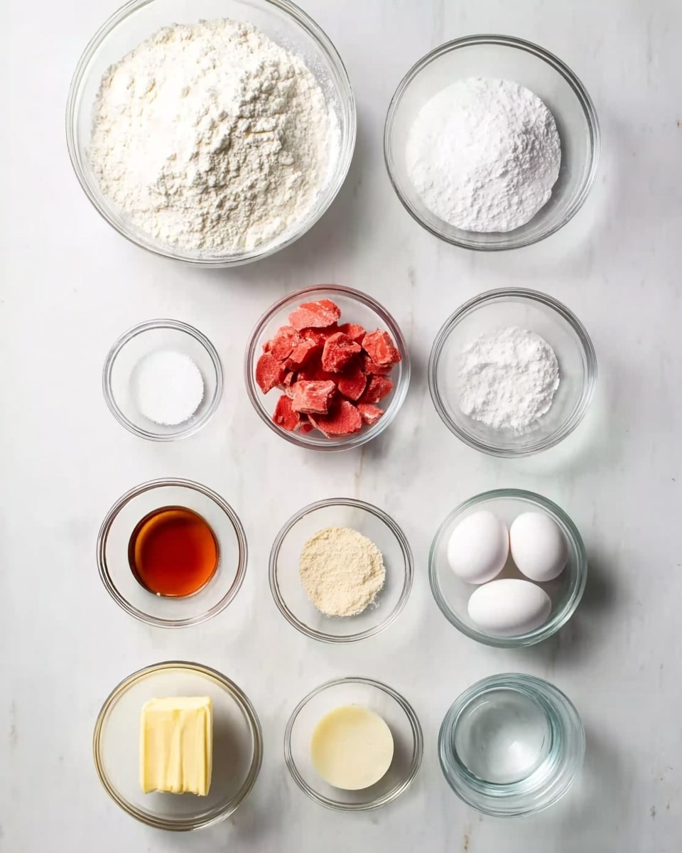 A flat lay image showing ten clear glass bowls with different ingredients arranged on a white marbled surface. The largest bowl at the top left contains white flour with a soft, powdery texture. To its right, a smaller bowl holds a fine white powder, likely powdered sugar. Below these, two tiny bowls contain white granular ingredients, possibly salt and baking powder. Next to them is a bowl with bright red pieces that look soft and moist. A row below has two tiny bowls with dark amber liquid and a creamy white liquid side by side. Next to these is a bowl with a light beige powder. At the bottom left, there is a small bowl with a solid light yellow stick resembling butter. Beside it, a clear bowl is filled with water, and on the far right, two white eggs sit in a small bowl. All elements are evenly spaced in neat rows. The lighting is bright and natural, showing all details clearly photo taken with an iphone --ar 4:5 --v 7