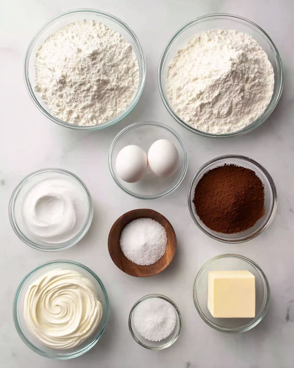 The image shows nine small clear glass bowls arranged neatly on a white marbled surface, each containing different baking ingredients. At the top, two larger bowls hold white flour with a soft powdery texture. Below them on the left, a bowl contains two whole white eggs with smooth shells. Next to it on the right, a small bowl is filled with white granulated sugar, and beside that, a bowl holds creamy white sour cream with a swirled surface. In the middle bottom row, a small wooden bowl holds white salt, a tiny bowl contains fine white baking powder, and a glass bowl features rich brown cocoa powder with a smooth, even surface. To the far right, a small glass bowl holds a solid piece of pale yellow butter. The arrangement is clean and bright. Photo taken with an iphone --ar 4:5 --v 7