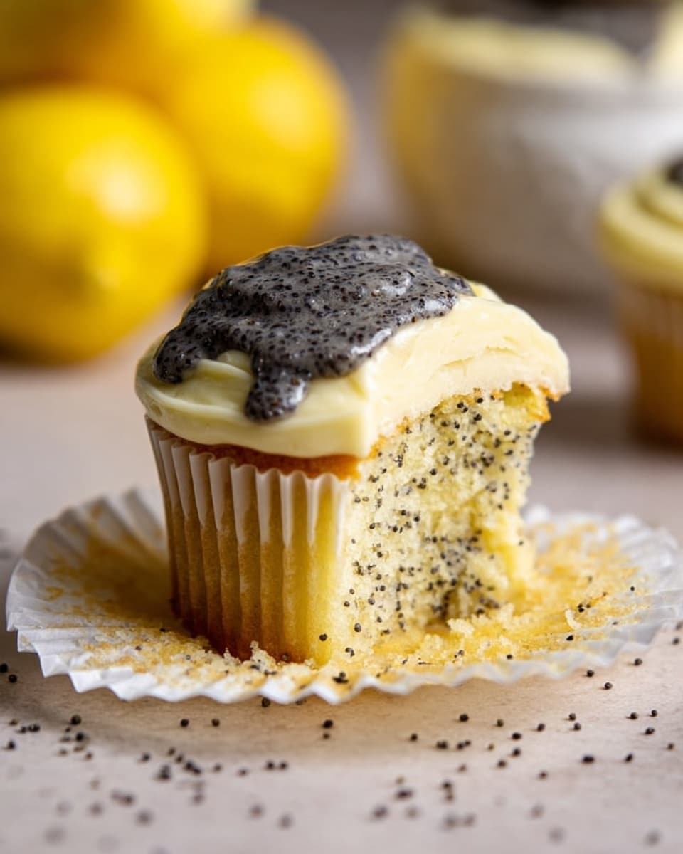 A single cupcake with one layer of light yellow cake filled with tiny dark poppy seeds is shown with its white paper liner peeled down around the base. On top, there is a thick layer of creamy pale yellow frosting spread evenly, and over that, a thick drizzle of dark poppy seed sauce covers part of the frosting. The cupcake sits on a light beige surface with scattered poppy seeds, and blurred bright yellow lemons appear in the background. Photo taken with an iphone --ar 4:5 --v 7