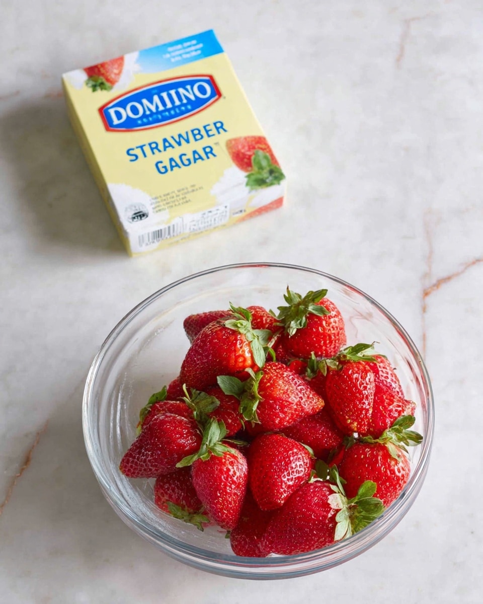 The image shows a clear glass bowl filled with bright red strawberries with green leafy tops, sitting on a white marbled surface. Above the bowl is a box of Domino granulated sugar with a light yellow and white design featuring blue text. The strawberries are fresh and neatly stacked inside the bowl, which is placed close to the sugar box. The overall setting is clean and simple with a soft natural light, photo taken with an iphone --ar 4:5 --v 7