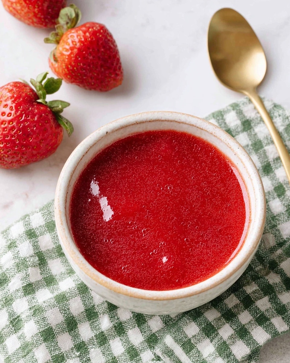 A small, round, white ceramic bowl filled with bright red strawberry sauce that has a smooth, slightly shiny surface with tiny bubbles and texture visible on top. The bowl sits on a green and white checkered cloth, placed on a white marbled surface. Around the bowl, there are three fresh, whole strawberries with green tops visible, showcasing their red seeds and glossy texture. To the right of the bowl, there is a golden spoon resting on the white marbled surface. photo taken with an iphone --ar 4:5 --v 7