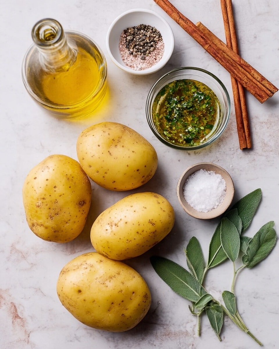 The image shows six raw yellow potatoes spread on a white marbled surface; near the potatoes, there is a small white bowl with black pepper, a small white bowl with coarse salt, a glass bottle with golden olive oil, a small clear glass bowl filled with a green herb and oil mixture, and three fresh sage leaves placed near the potatoes; two cinnamon sticks lie horizontally in the upper right area of the image. Photo taken with an iphone --ar 4:5 --v 7