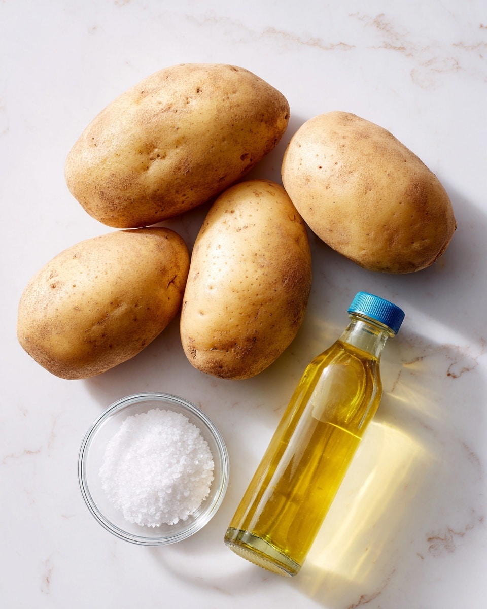 Four raw Russet potatoes with light brown, rough skin are placed on a white marbled surface. The potatoes are arranged in a loose cluster with two on top and two at the bottom. To the right of the potatoes, there is a small clear glass bowl filled with white coarse salt, and below it, a clear plastic bottle filled with light yellow cooking oil lies horizontally, showing the blue bottle cap on top. The scene is bright and clean with soft natural lighting, casting gentle shadows. Photo taken with an iphone --ar 4:5 --v 7