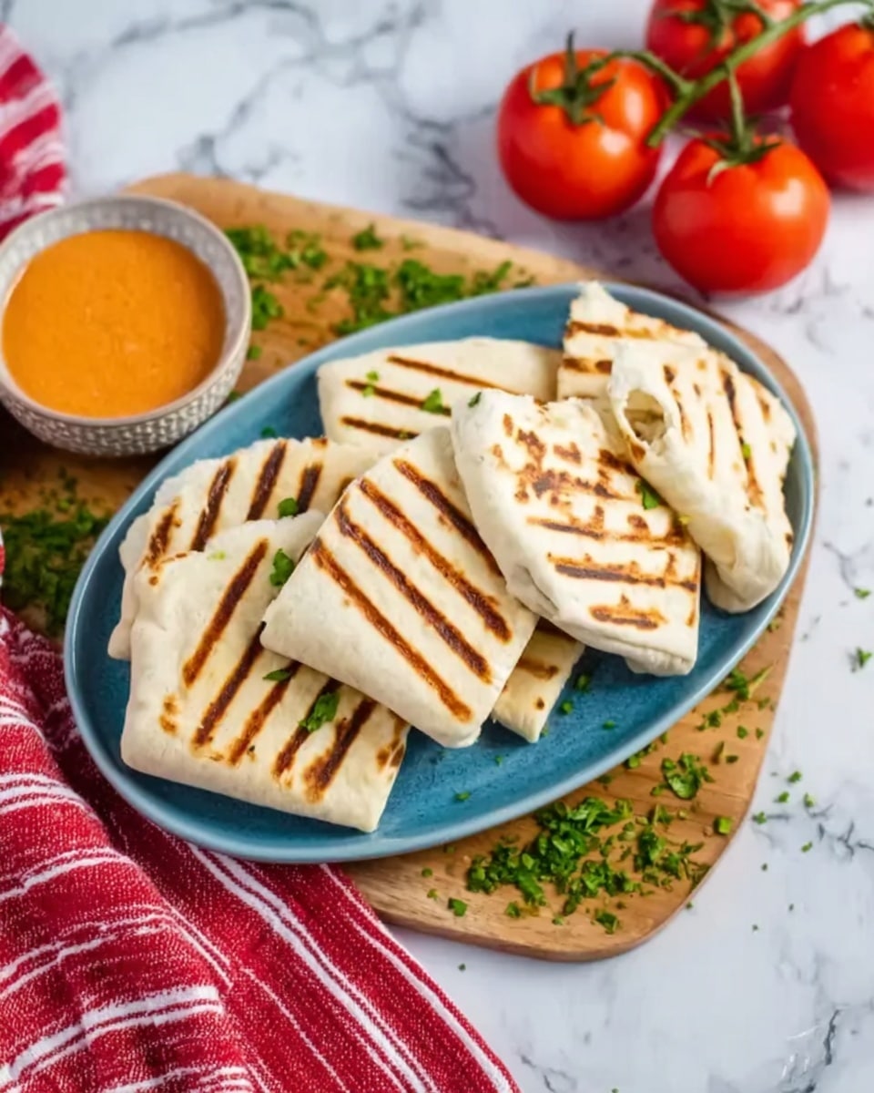The image shows five grilled wraps with clear dark grill marks on the top, stacked closely on an oval blue plate. The wraps are light beige with slight texture from the grilling, arranged in a scattered pile mostly filling the plate. The plate is placed on a wooden board with some green chopped herbs sprinkled mainly on the top right corner. A small bowl of orange dipping sauce is on the top left side, and three bright red tomatoes on the vine lay on the right side of the frame. A red and white striped cloth is on the far left edge, and everything sits on a white marbled surface. Photo taken with an iphone --ar 4:5 --v 7