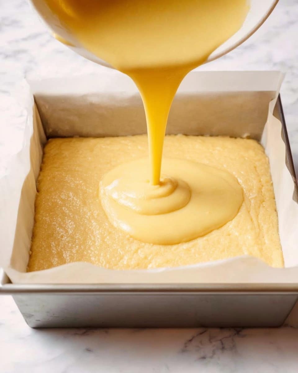 A square baking pan lined with white parchment paper holds a thick, pale yellow batter spread evenly at the bottom. A slightly darker yellow, smooth batter is being poured in a steady stream from a white bowl into the center of the pan, creating a raised round puddle that contrasts with the flat base layer. The pan’s sides are metallic and shiny, surrounding the two layers of batter. The background shows a white marbled surface. photo taken with an iphone --ar 4:5 --v 7