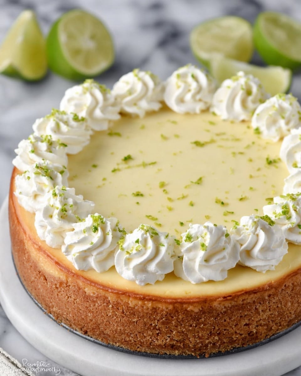 A round key lime cheesecake with a light brown crumb crust at the base, topped with a smooth pale yellow layer of cheesecake filling. Around the edge, a ring of white whipped cream swirls adds texture and decoration, sprinkled with small green lime zest pieces. The cheesecake sits on a white plate with a white marbled surface underneath, accompanied by lime slices in the background. Photo taken with an iphone --ar 4:5 --v 7