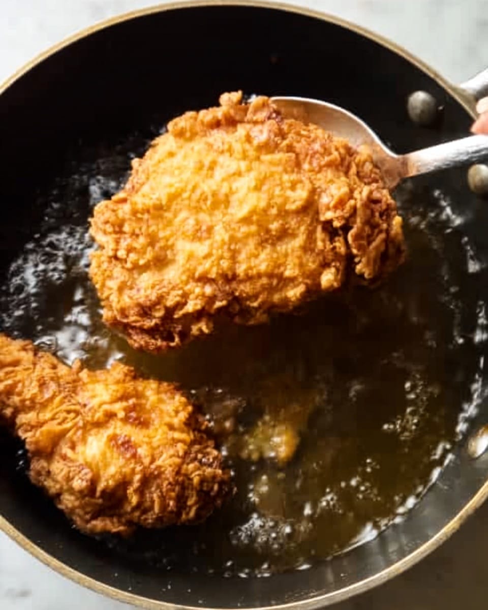The image shows two pieces of fried chicken being cooked in hot oil inside a pan. The top piece of fried chicken is golden brown with a crispy, rough texture that shows small bumps and crunchy bits. The second piece is partly submerged in the oil and is darker, with a less clear texture. A silver spoon held by a woman's hand is lifting the top piece out of the oil. The background surface has a white marbled texture. Photo taken with an iphone --ar 4:5 --v 7