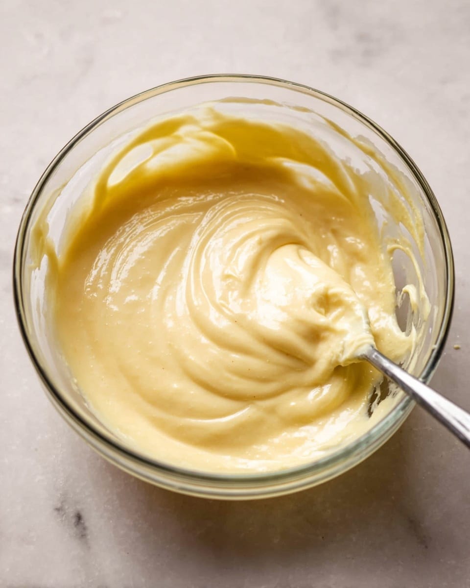 A clear glass bowl holds a creamy, smooth pale yellow mixture with a glossy surface and thick consistency. The mixture swirls gently in the bowl, showing soft waves and a few reflections of light. The bowl rests on a white marbled surface, and a metal spoon is partially dipped into the mixture on the right side, with some of the mixture sticking to the bowl's edge. The setting is bright and clean, focusing closely on the texture of the mixture. photo taken with an iphone --ar 4:5 --v 7