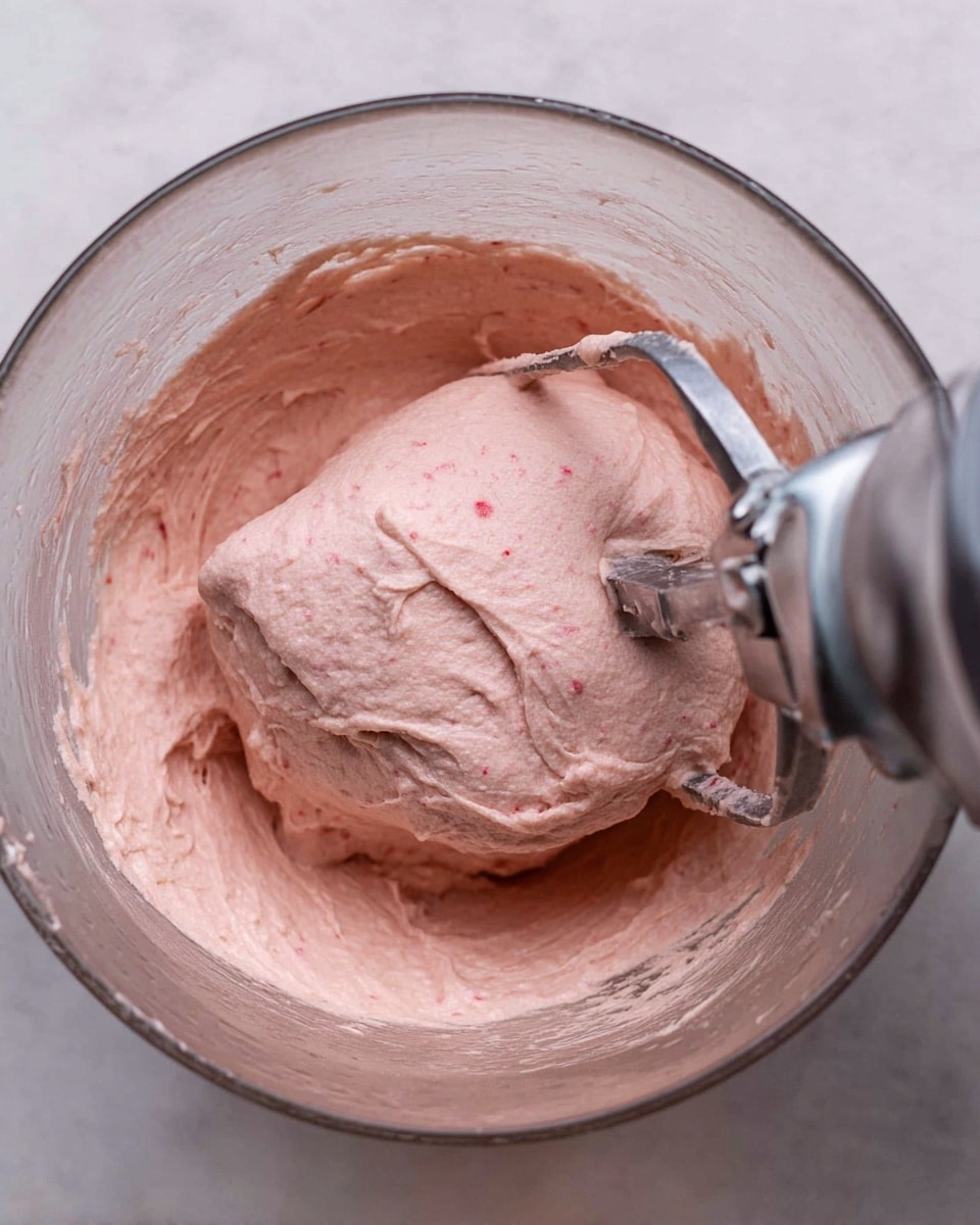 Inside a clear mixing bowl, there is a large smooth ball of light pink dough with a creamy texture. The dough is thick and dense, with some small red specks spread throughout. A silver metal mixer blade is partly embedded in the dough, pushing it up slightly in the center. The bowl rests on a white marbled surface. photo taken with an iphone --ar 4:5 --v 7