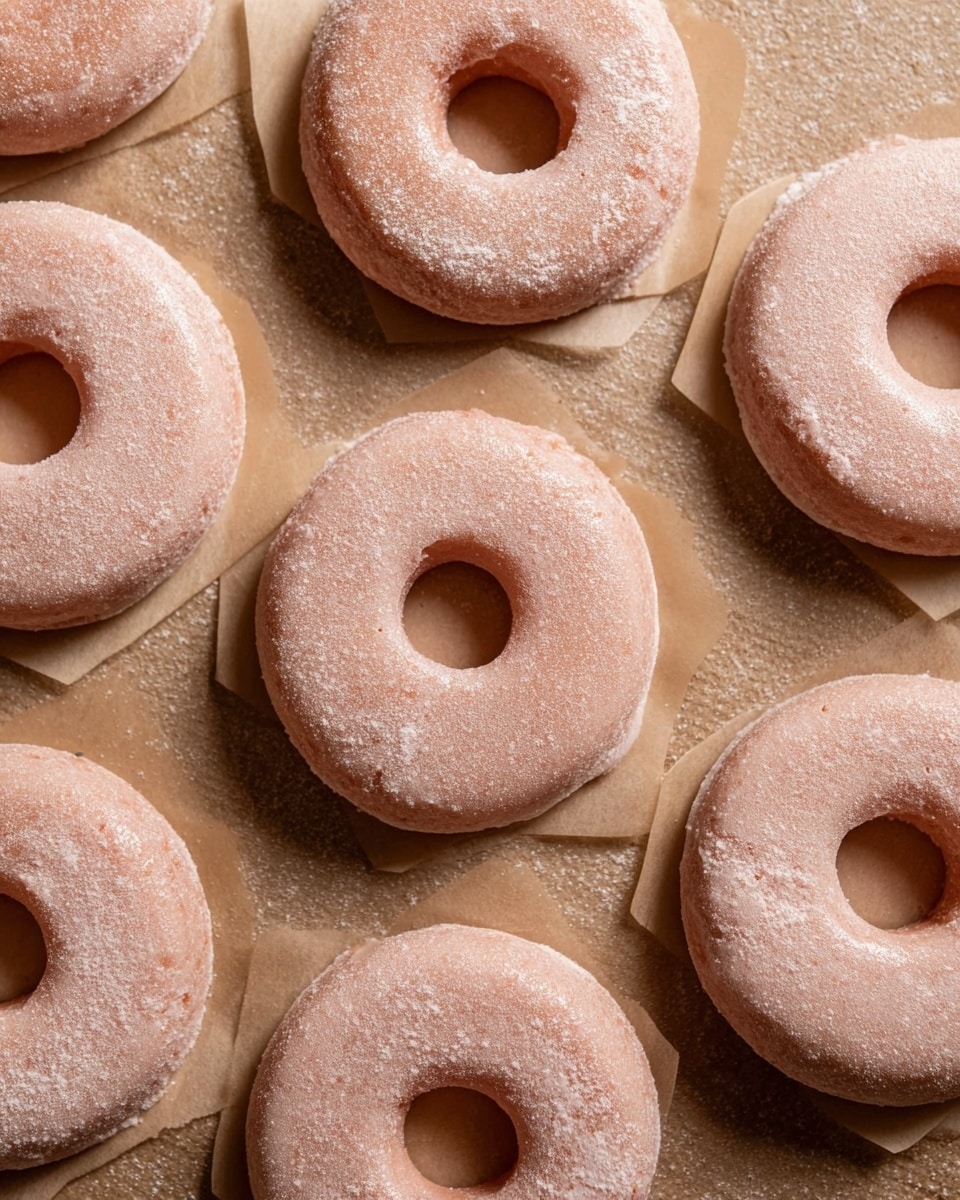 The image shows several raw doughnuts with a pale pink color and a soft, smooth texture, each placed on a small square of brown parchment paper. The doughnuts have a clear round hole in the center and appear slightly dusted with flour. They are arranged in a somewhat scattered pattern over a light brown textured baking mat, all lying flat. Photo taken with an iphone --ar 4:5 --v 7