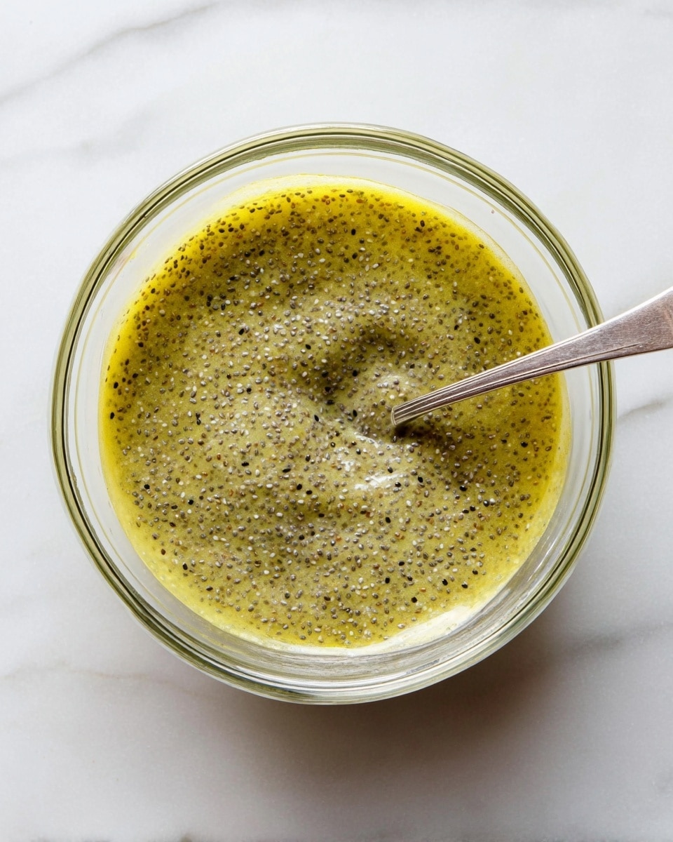 A transparent glass bowl sits on a white marbled surface, filled with a thick mixture that is pale yellow-green in color with many small black chia seeds evenly spread throughout. A silver spoon is placed inside the bowl, resting against the side with the handle pointing outward. The mixture has a smooth but slightly bumpy texture from the seeds. photo taken with an iphone --ar 4:5 --v 7